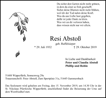 Anzeige von Resi Abstoß von Kölner Stadt-Anzeiger / Kölnische Rundschau / Express