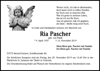 Anzeige von Ria Pascher von Kölner Stadt-Anzeiger / Kölnische Rundschau / Express