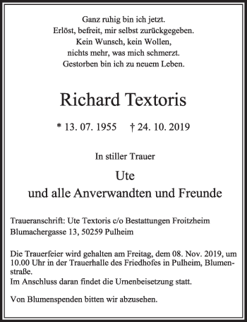 Anzeige von Richard Textoris von  Sonntags-Post 