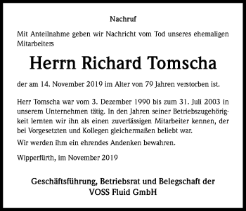 Anzeige von Richard Tomscha von Kölner Stadt-Anzeiger / Kölnische Rundschau / Express