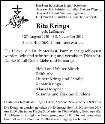 Anzeige von Rita Krings von Kölner Stadt-Anzeiger / Kölnische Rundschau / Express