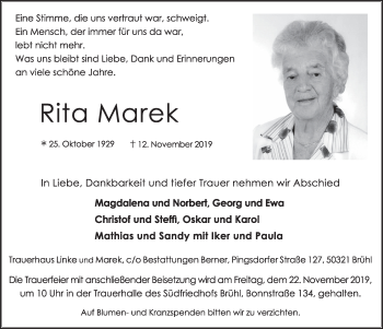 Anzeige von Rita Marek von  Schlossbote/Werbekurier 