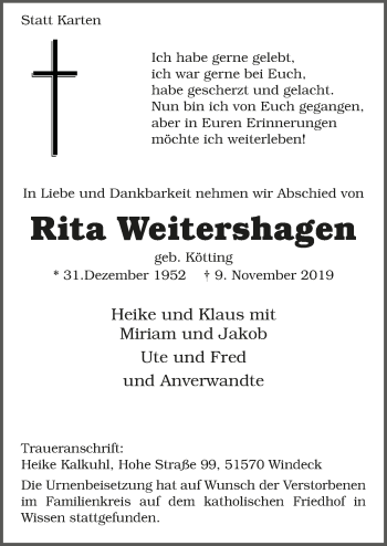 Anzeige von Rita Weitershagen von  Lokalanzeiger 