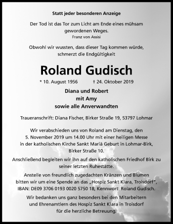 Anzeige von Roland Gudisch von Kölner Stadt-Anzeiger / Kölnische Rundschau / Express