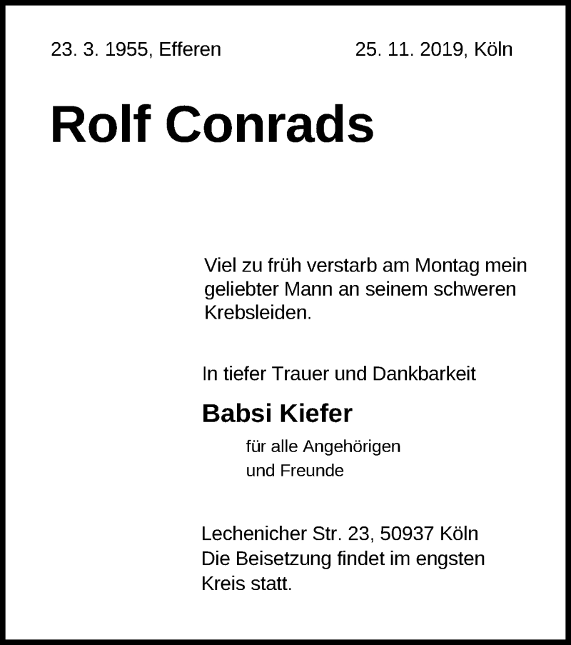  Traueranzeige für Rolf Conrads vom 30.11.2019 aus Kölner Stadt-Anzeiger / Kölnische Rundschau / Express
