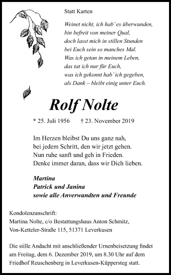 Anzeige von Rolf Nolte von Kölner Stadt-Anzeiger / Kölnische Rundschau / Express
