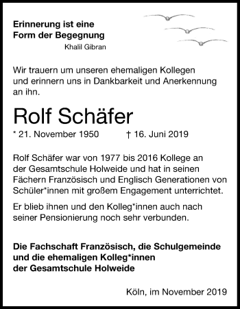 Anzeige von Rolf Schäfer von Kölner Stadt-Anzeiger / Kölnische Rundschau / Express