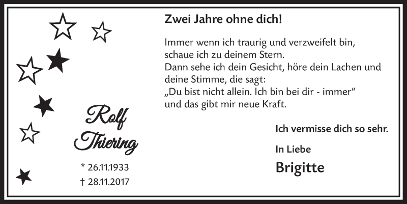  Traueranzeige für Rolf Thiering vom 27.11.2019 aus  Schlossbote/Werbekurier 