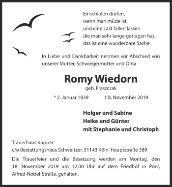 Anzeige von Romy Wiedorn von  Kölner Wochenspiegel 