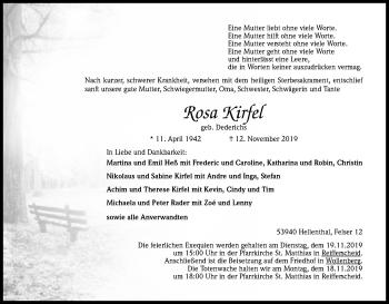 Anzeige von Rosa Kirfel von Kölner Stadt-Anzeiger / Kölnische Rundschau / Express