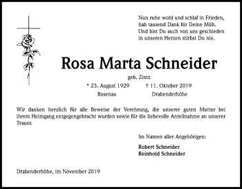Anzeige von Rosa Maria Schneider von Kölner Stadt-Anzeiger / Kölnische Rundschau / Express