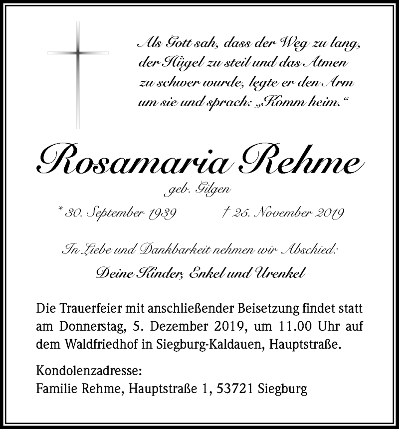  Traueranzeige für Rosamarie Rehme vom 30.11.2019 aus Kölner Stadt-Anzeiger / Kölnische Rundschau / Express