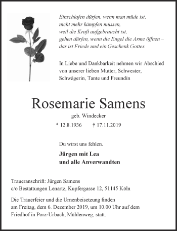 Anzeige von Rosemarie Samens von  Kölner Wochenspiegel 