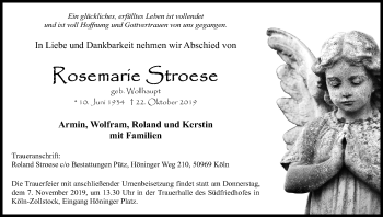Anzeige von Rosemarie Stroese von Kölner Stadt-Anzeiger / Kölnische Rundschau / Express