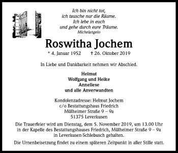 Anzeige von Roswitha Jochem von Kölner Stadt-Anzeiger / Kölnische Rundschau / Express