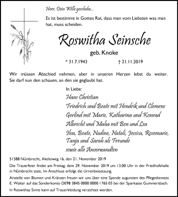 Anzeige von Roswitha Seinsche von  Lokalanzeiger 