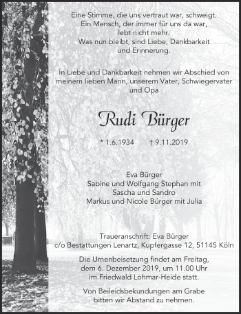 Anzeige von Rudi Bürger von  Kölner Wochenspiegel 