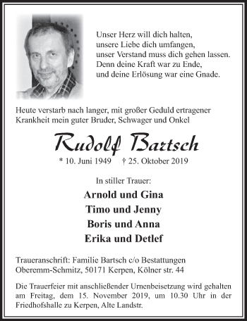 Anzeige von Rudolf Bartsch von  Sonntags-Post 