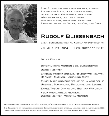 Anzeige von Rudolf Blissenbach von Kölner Stadt-Anzeiger / Kölnische Rundschau / Express