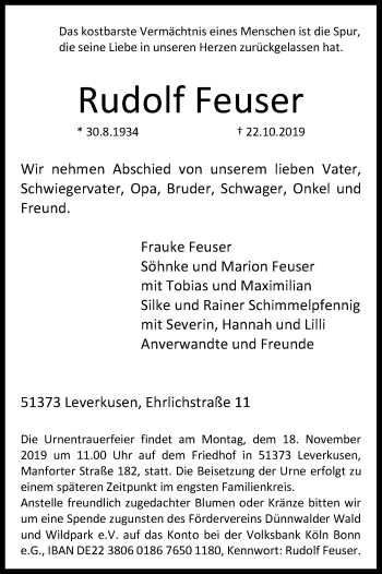 Anzeige von Rudolf Feuser von Kölner Stadt-Anzeiger / Kölnische Rundschau / Express