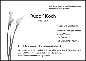 Anzeige von Rudolf Koch von Kölner Stadt-Anzeiger / Kölnische Rundschau / Express
