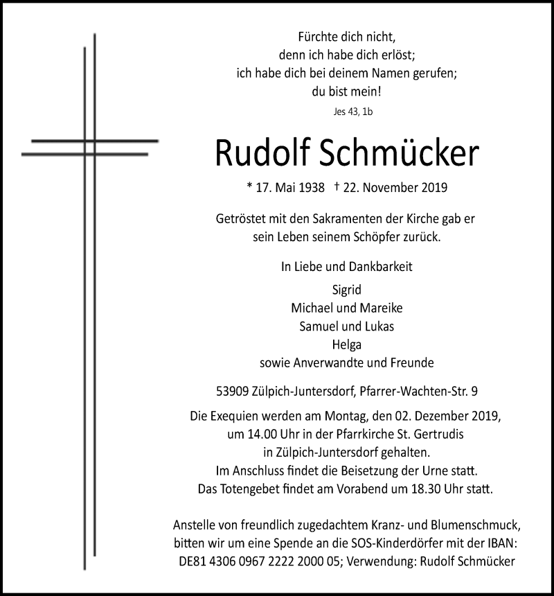  Traueranzeige für Rudolf Schmücker vom 30.11.2019 aus  Blickpunkt Euskirchen 