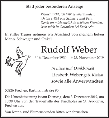 Anzeige von Rudolf Weber von  Sonntags-Post 