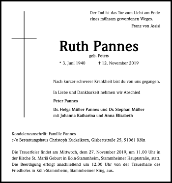 Anzeige von Ruth Pannes von Kölner Stadt-Anzeiger / Kölnische Rundschau / Express