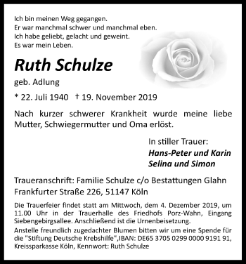 Anzeige von Ruth Schulze von Kölner Stadt-Anzeiger / Kölnische Rundschau / Express