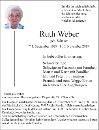 Anzeige von Ruth Weber von  Kölner Wochenspiegel 