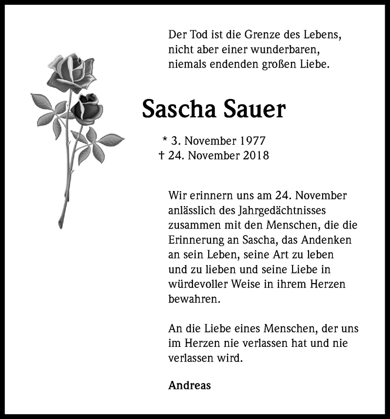  Traueranzeige für Sascha Sauer vom 23.11.2019 aus Kölner Stadt-Anzeiger / Kölnische Rundschau / Express