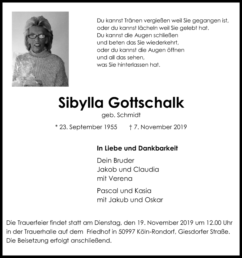  Traueranzeige für Sibylla Gottschalk vom 13.11.2019 aus Kölner Stadt-Anzeiger / Kölnische Rundschau / Express