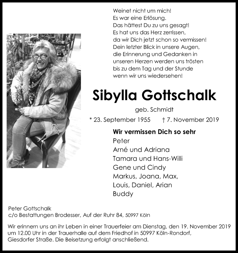  Traueranzeige für Sibylla Gottschalk vom 13.11.2019 aus Kölner Stadt-Anzeiger / Kölnische Rundschau / Express
