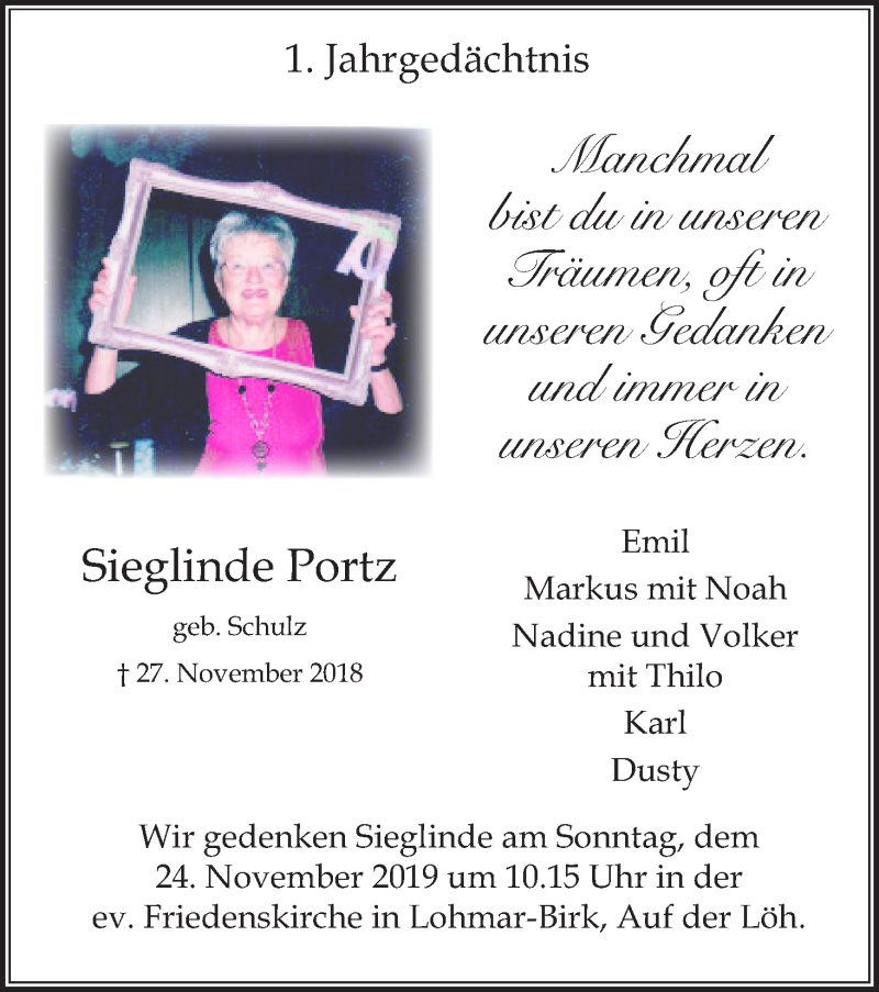  Traueranzeige für Sieglinde Portz vom 20.11.2019 aus Kölner Stadt-Anzeiger / Kölnische Rundschau / Express