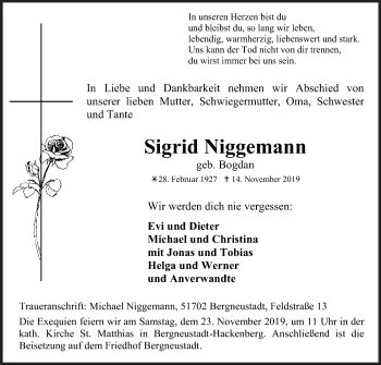 Anzeige von Sigrid Niggemann von Kölner Stadt-Anzeiger / Kölnische Rundschau / Express