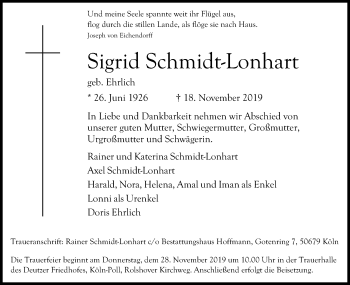 Anzeige von Sigrid Schmidt-Lonhart von Kölner Stadt-Anzeiger / Kölnische Rundschau / Express
