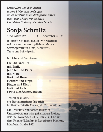 Anzeige von Sonja Schmitz von Kölner Stadt-Anzeiger / Kölnische Rundschau / Express