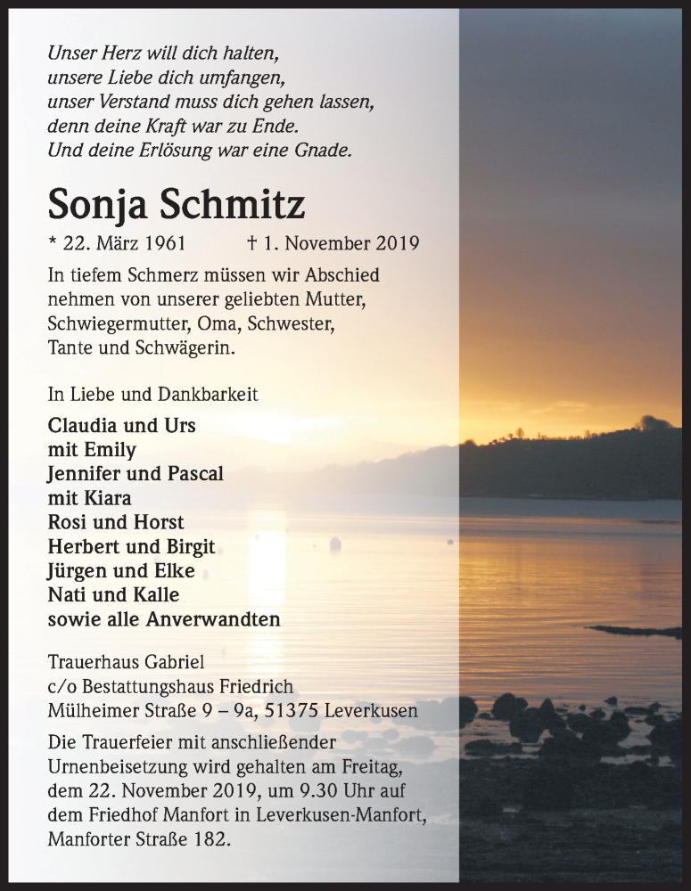  Traueranzeige für Sonja Schmitz vom 16.11.2019 aus Kölner Stadt-Anzeiger / Kölnische Rundschau / Express