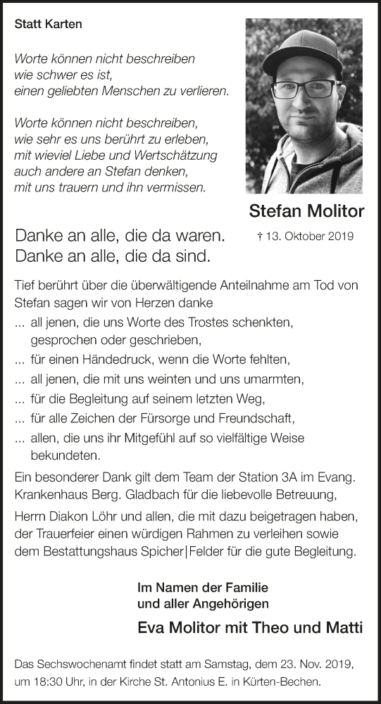  Traueranzeige für Stefan Molitor vom 13.11.2019 aus  Bergisches Handelsblatt 