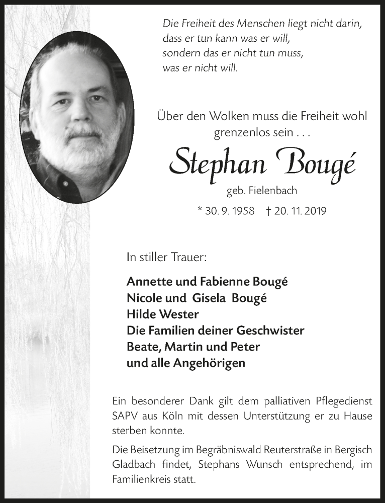 Traueranzeige für Stephan Bouge vom 30.11.2019 aus  Bergisches Sonntagsblatt 