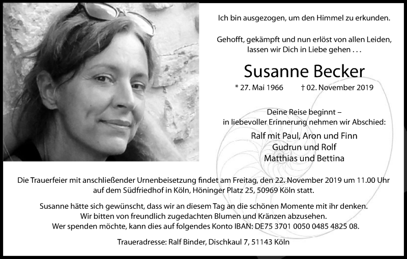  Traueranzeige für Susanne Becker vom 16.11.2019 aus Kölner Stadt-Anzeiger / Kölnische Rundschau / Express