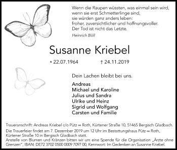 Anzeige von Susanne Kriebel von Kölner Stadt-Anzeiger / Kölnische Rundschau / Express