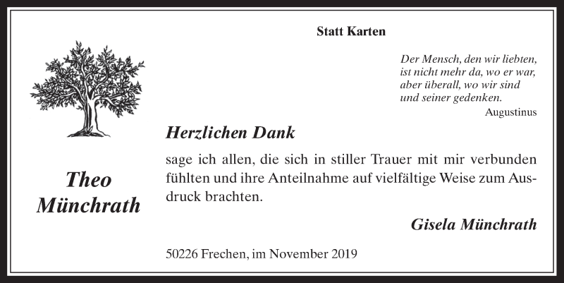  Traueranzeige für Theo Münchrath vom 27.11.2019 aus  Wochenende 