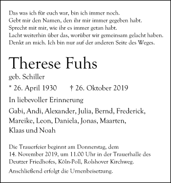 Anzeige von Therese Fuhs von Kölner Stadt-Anzeiger / Kölnische Rundschau / Express