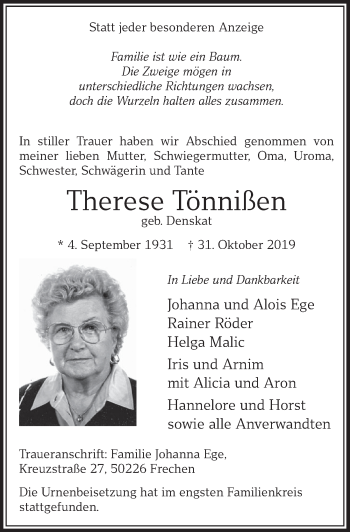 Anzeige von Therese Tönnißen von  Sonntags-Post 