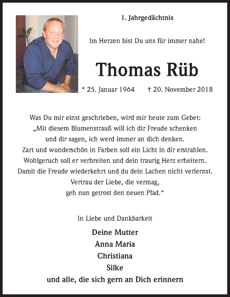  Traueranzeige für Thomas Rüb vom 20.11.2019 aus Kölner Stadt-Anzeiger / Kölnische Rundschau / Express