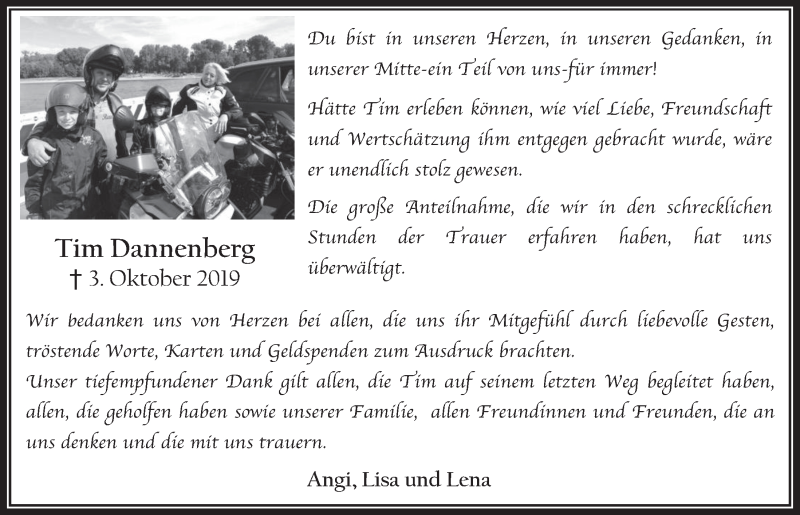  Traueranzeige für Tim Dannenberg vom 27.11.2019 aus  Werbepost 