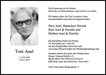 Anzeige von Toni Auel von Kölner Stadt-Anzeiger / Kölnische Rundschau / Express