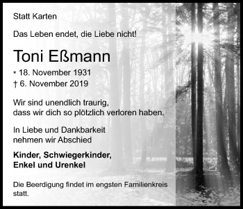 Anzeige von Toni Eßmann von Kölner Stadt-Anzeiger / Kölnische Rundschau / Express