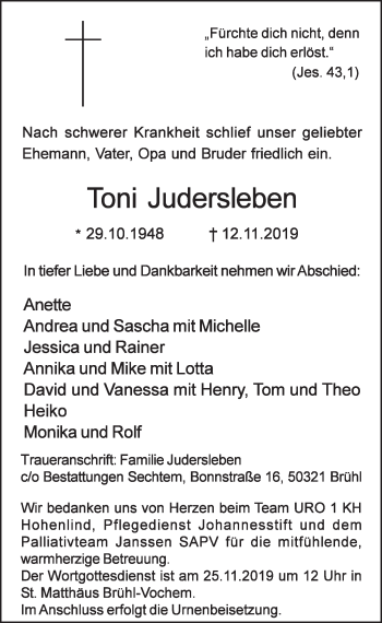 Anzeige von Toni Judersleben von  Schlossbote/Werbekurier 
